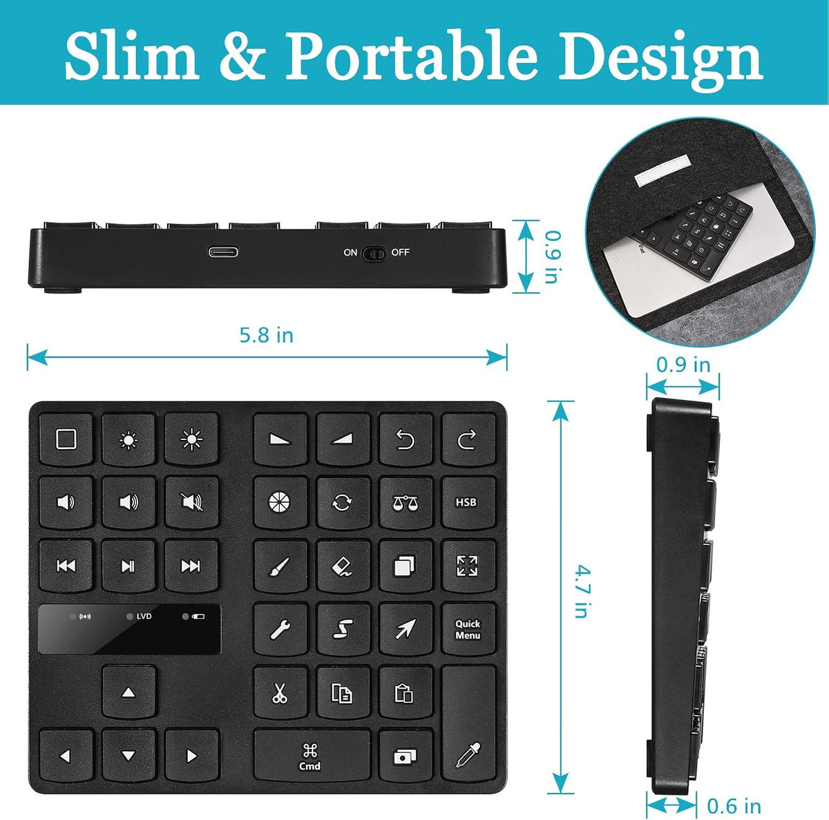 Keyboard for, Rechargeable Drawing Keyboard with 35 Shortcut Keys, One Handed Buetooth Keypad for Drawing Shortcuts, Graphic Tablets, Drawing Tablet, Laptop