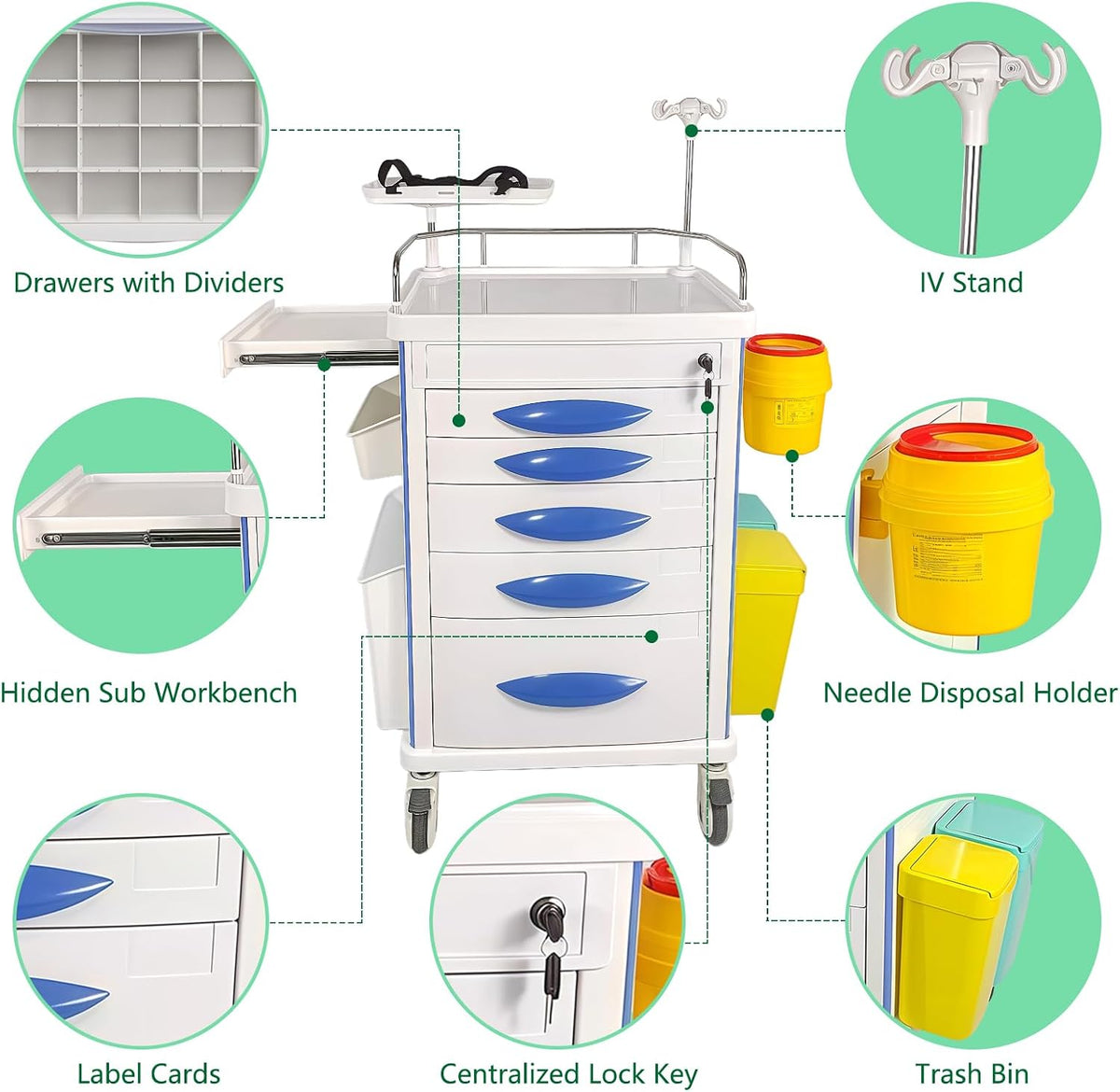 Medication Cart with Lock, 5 Drawer Medical Crash Cart on Wheels w/ IV Pole