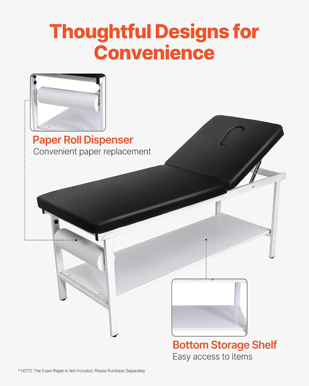 VEVOR Medical Exam Table, 500LBS Loading Medical Examination Bed with 0Â°â40Â° Adjustable Backrest, Physical Therapy Exam Table with Storage Shelf & Paper Roll Dispenser for Hospital Clinic Rehab Center