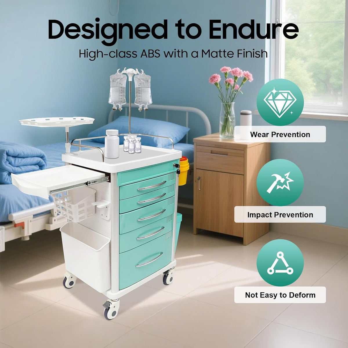 Medical Rolling Crash Cart with Wheels-CPR Board, IV Pole, O2 Holder, Trash Bin, Silent Casters, 5 Drawers with Dividers, Emergency Cart for Clinic, Hospital, Nursing Center (Green)