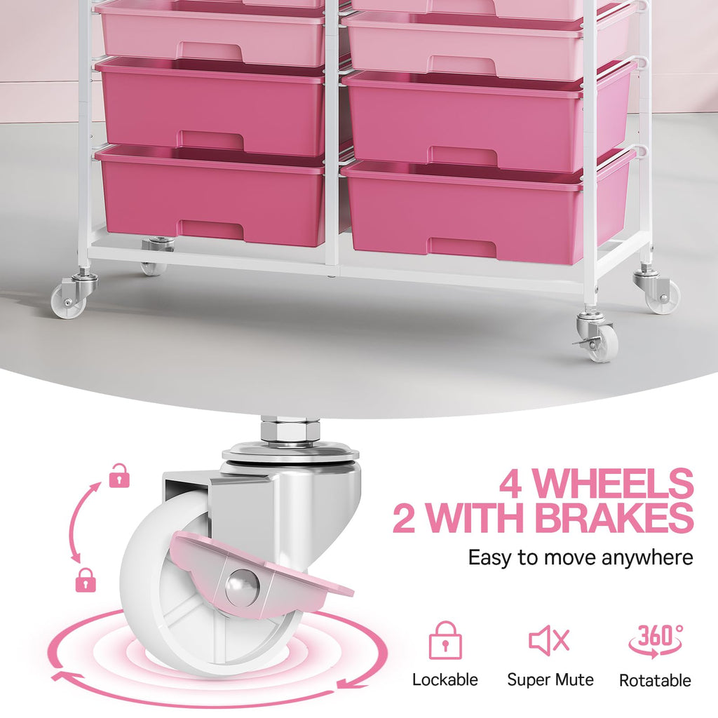 TOOLF 12 Drawers Rolling Storage Cart with Wooden Top for Classroom,White