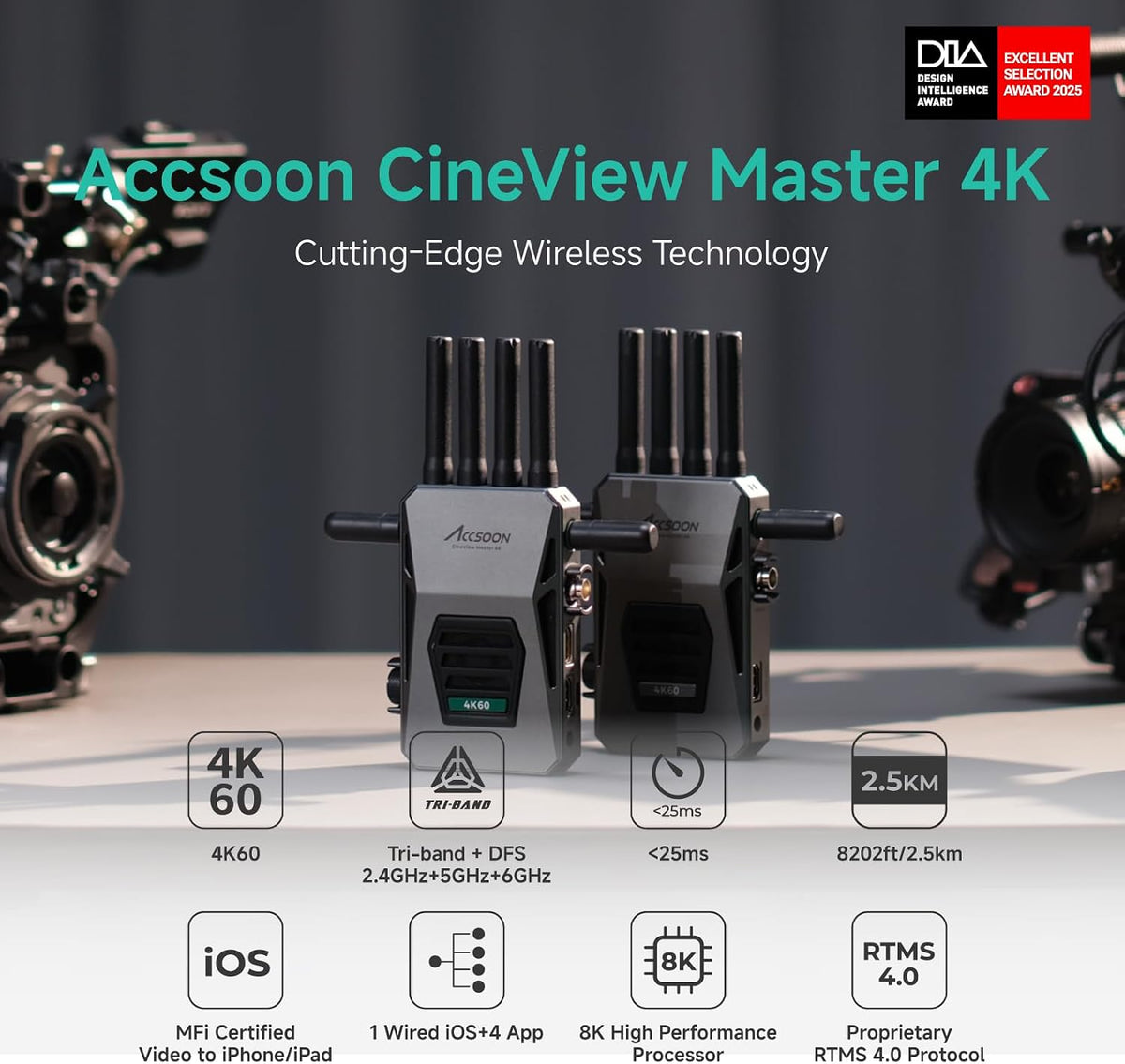 Accsoon CineView Master 4K Wireless Video Transmitter&Receiver with SDI HDMI, Tri-Band 8202ft 25ms LAT, 4K60/1080p60 1 Wired iOS+4 App Monitoring, Livestreaming Pair CineView 4K Lite/SE 4K/M7(H) Pro