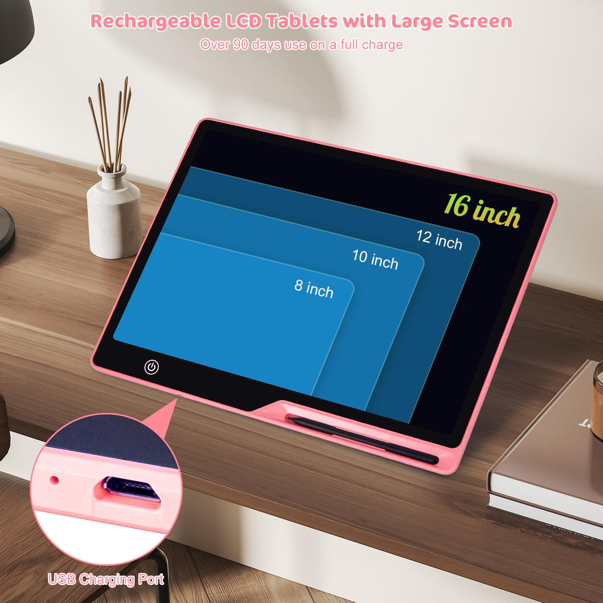 POPERFUN LCD Writing Tablet for Kids, Rechargeable Kids Drawing Pad 16 Inch Colorfuls Doodle Board, Kids Drawing Tablet Toys for Ages3 4 5 6 7 8 for Girls Boys Adults (Light Pink)