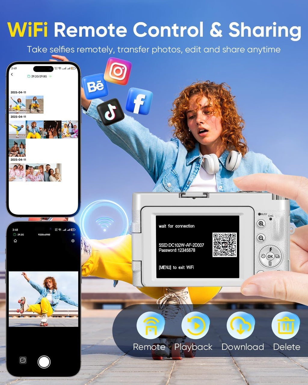 2026 Upgraded 64MP Digital Camera 4K WiFi 180Â° Flip Screen Autofocus, White
