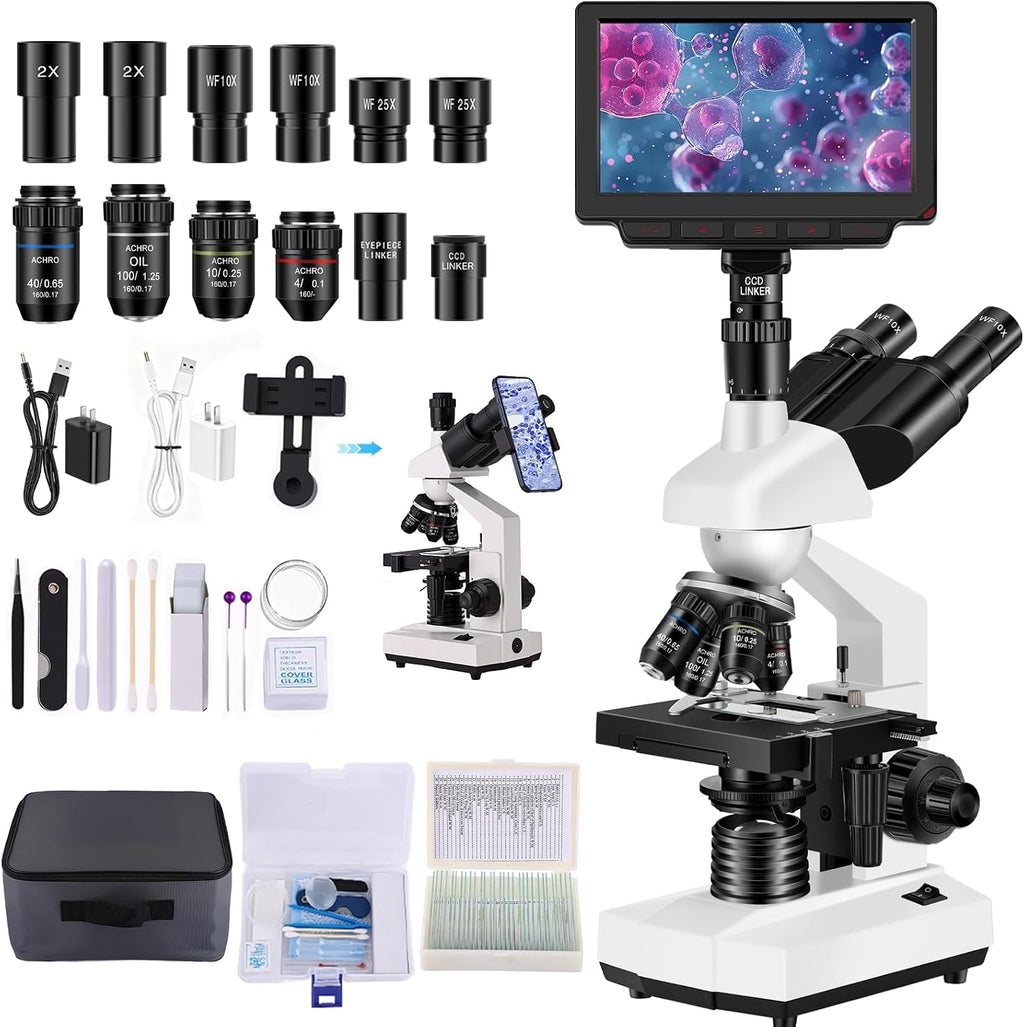 Microscope for Adult,with7'' HD Display,WF10&25X Eyepieces,40-5000X Magnification,Dual Mechanical Stages and Abbe Condenser,Includes 40 PCS Specimens,Suitable for Labs & Schools