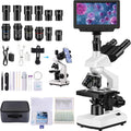 Microscope for Adult,with7'' HD Display,WF10&25X Eyepieces,40-5000X Magnification,Dual Mechanical Stages and Abbe Condenser,Includes 40 PCS Specimens,Suitable for Labs & Schools
