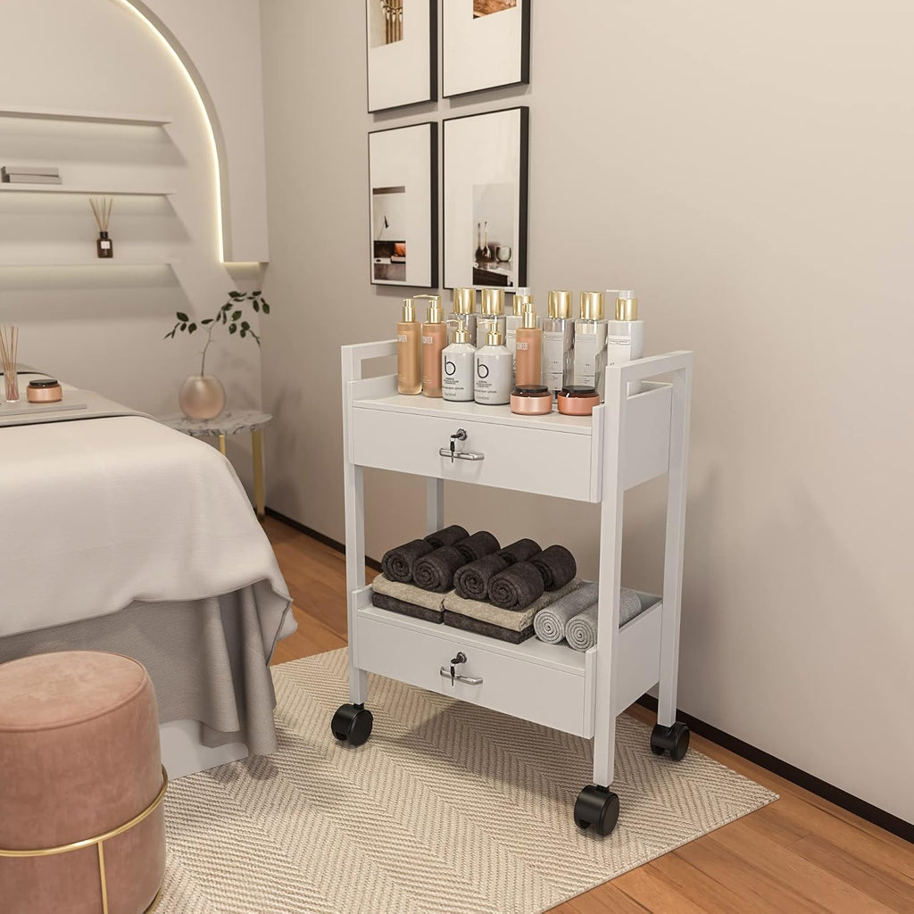Paddie Salon Trolley Cart, Salon Tray Wooden Mobile Utility Cabinet with 2 Lockable Drawers, Rolling Storage Station Medical Esthetic Supply Holder for Beauty Spa (2 Drawers, White)