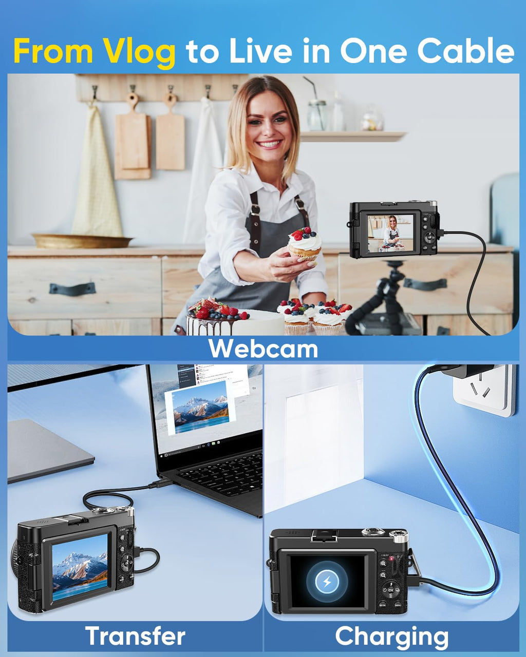 2026 Upgraded 64MP Digital Camera 4K WiFi 180Â° Flip Screen Autofocus, White