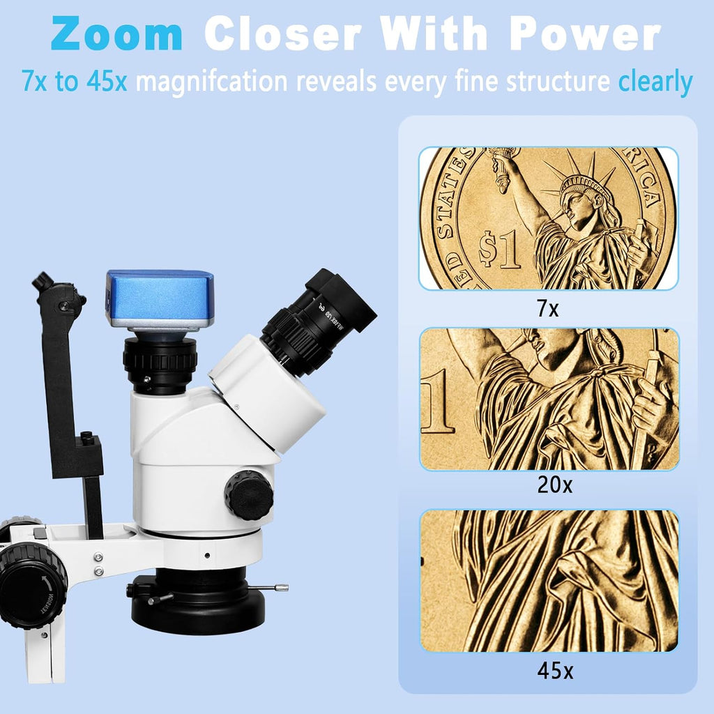 DZQ Jewelry Trinocular Microscope with Camera, 7X-45X Magnification