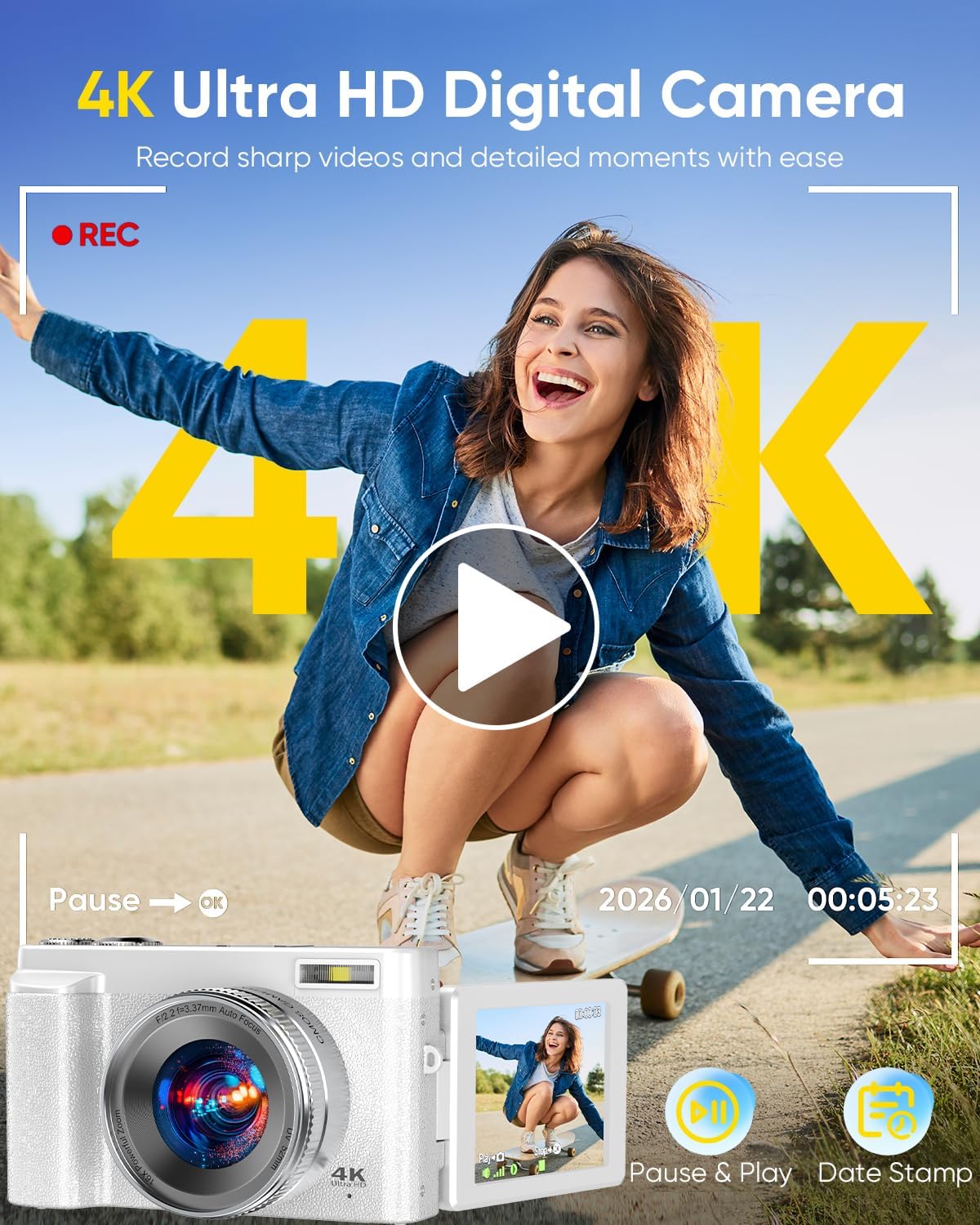 2026 Upgraded 64MP Digital Camera 4K WiFi 180Â° Flip Screen Autofocus, White