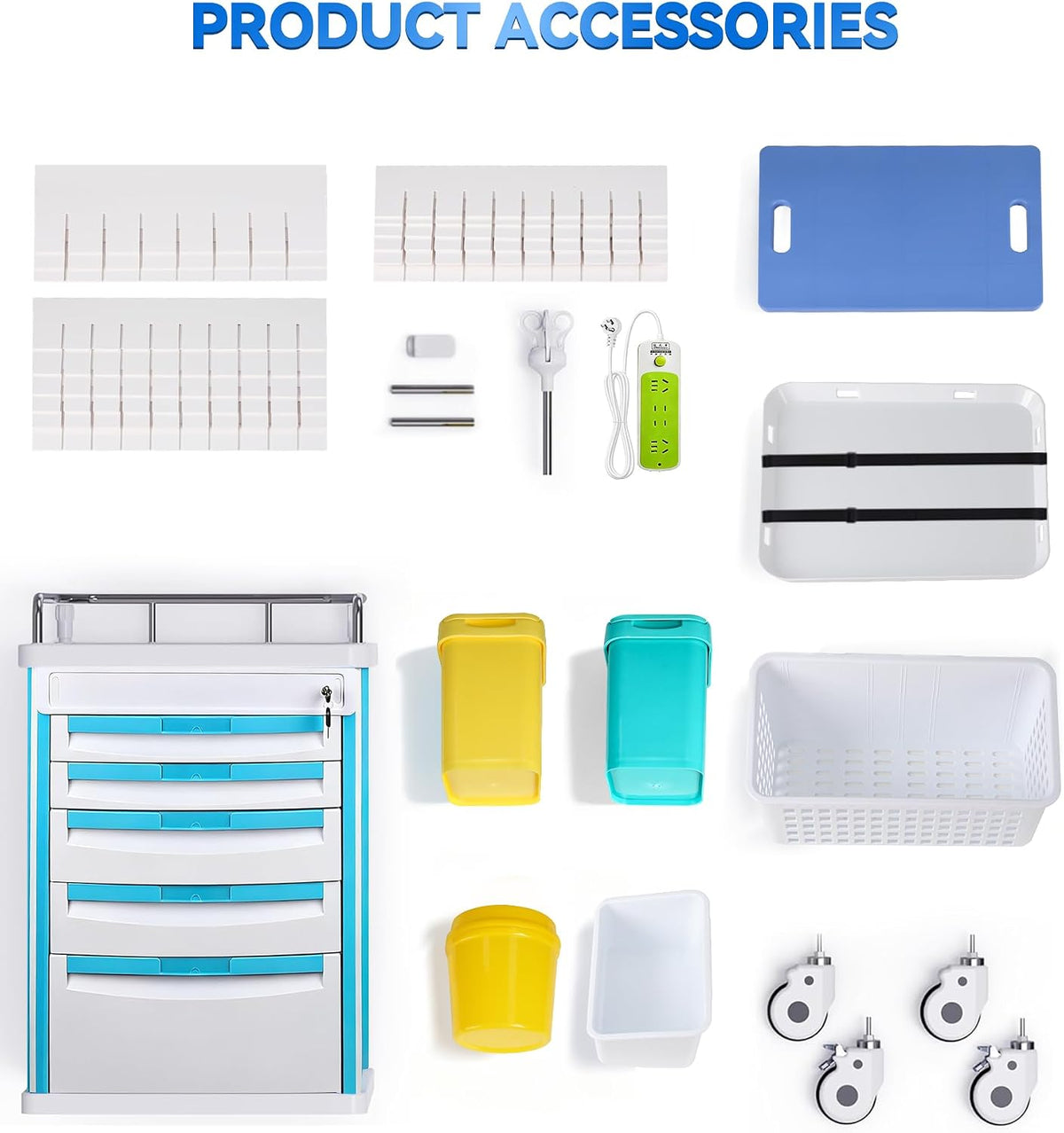 Medical Rolling Storage Crash Cart with Wheels & Drawers, Hospital Mobile Ultrasound cart with 5 Drawers & Power Strip,IV Pole,Needle Disposal,O2 Holder,Nursing Emergency Cart for Hospital, Clinic