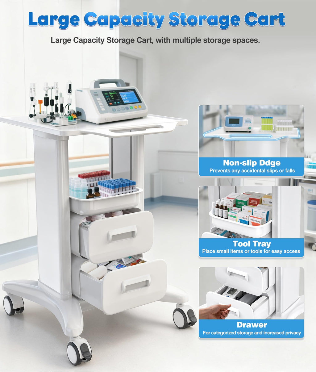 Medical Rolling Storage Crash Cart with Wheels & Drawers, Hospital Mobile Ultrasound cart with 5 Drawers & Power Strip,IV Pole,Needle Disposal,O2 Holder,Nursing Emergency Cart for Hospital, Clinic