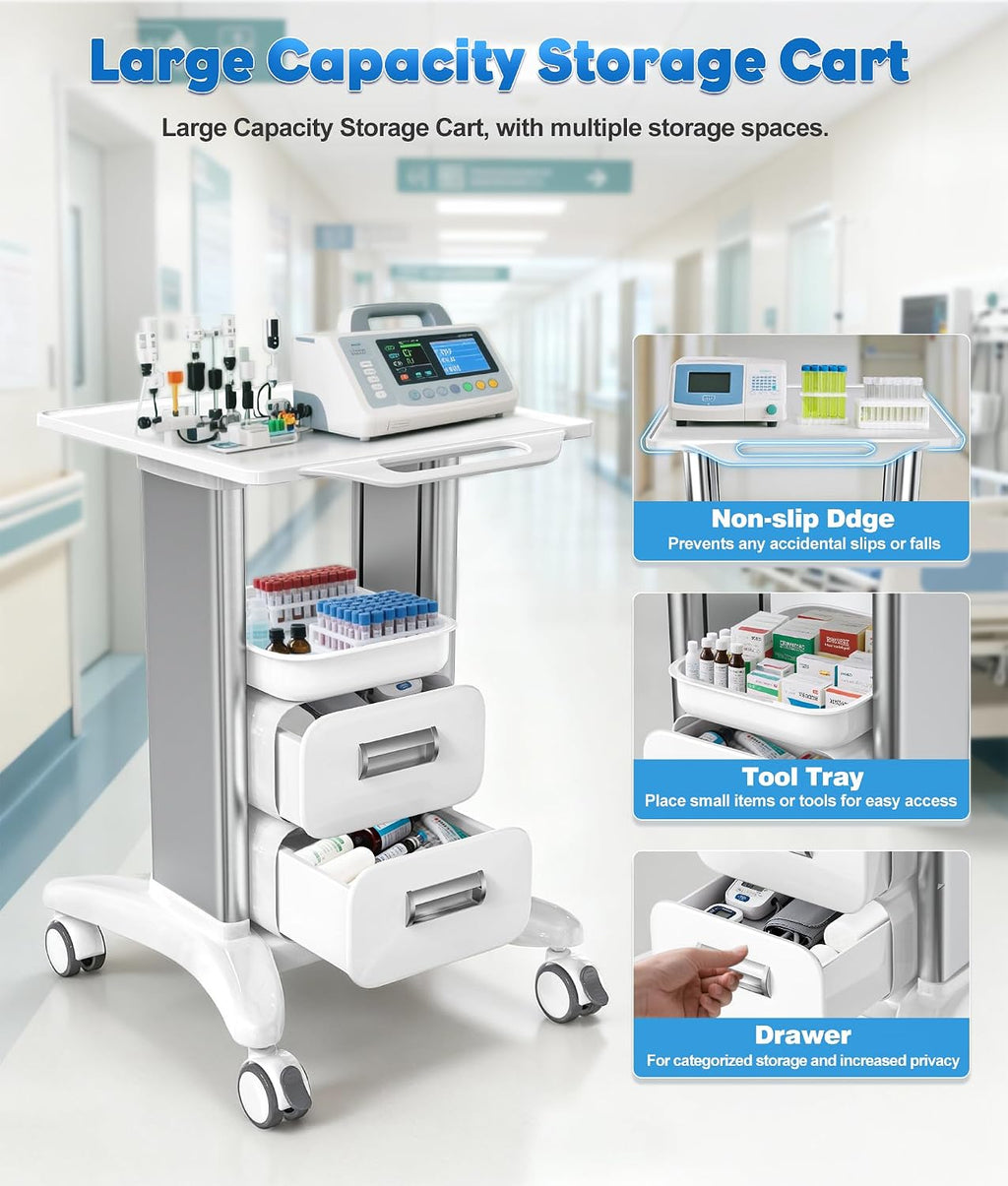 Medical Rolling Storage Crash Cart Silent Casters & 5 Drawer, Ultrasound Emergency Cart with Power Strip,IV Pole,Needle Disposal,O2 Holder, Medical Cart for Hospital, Clinic, Grey/5 Drawer