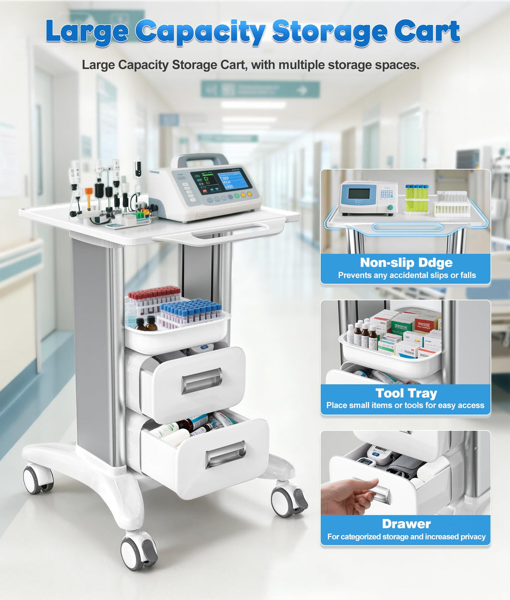 Medication Cart, Medical Rolling Storage Crash Cart with Wheels & Drawers, Ultrasound Nursing Emergency Cart with IV Pole,Casters, Holder, Trash Bin for Clinic, Hospital (24 * 22 * 28IN, 1 Drawer)