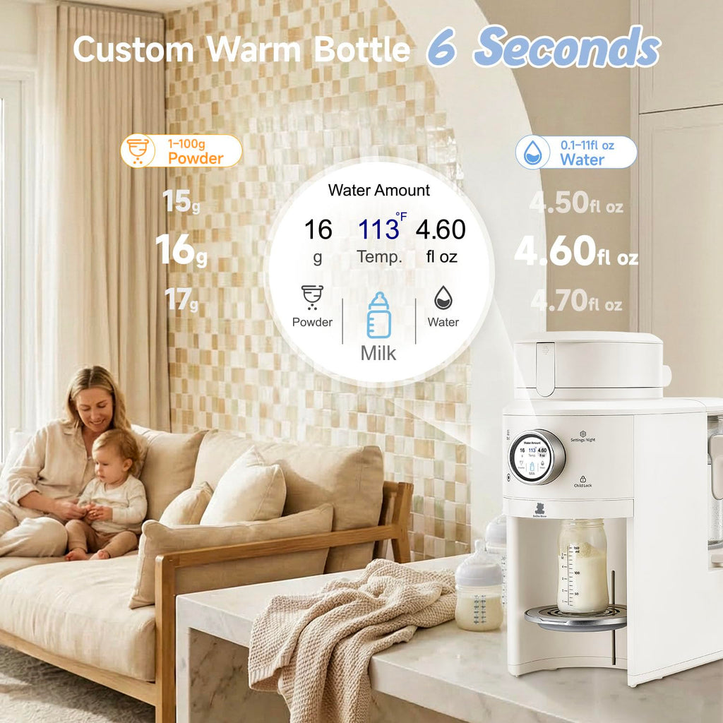 Snow Bear Baby Formula MakerâOne Touch Warm Formula Dispenser, Precise Powder Water Ratio & Memory Setting,Sealed Powder Container,Auto Lifting Platform for No Mess fit Most BottleâShake Milk by Hand