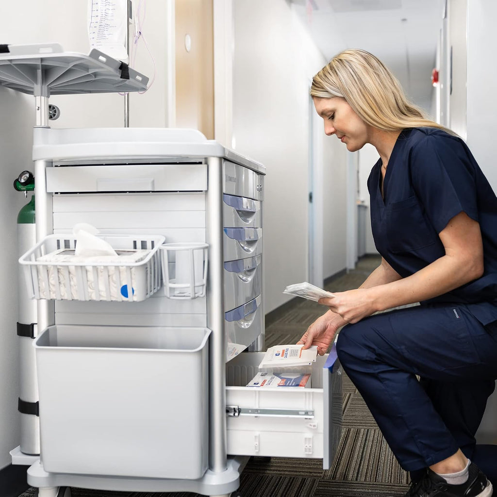 Stand Steady Emergency Crash Cart | Mobile Medical Cart with Drawers & Customizable Storage Bins | Medical Supply Cart with IV Pole, Cardiac Board, O2 Holder & UL-Safety Power Strip | Easy Assembly