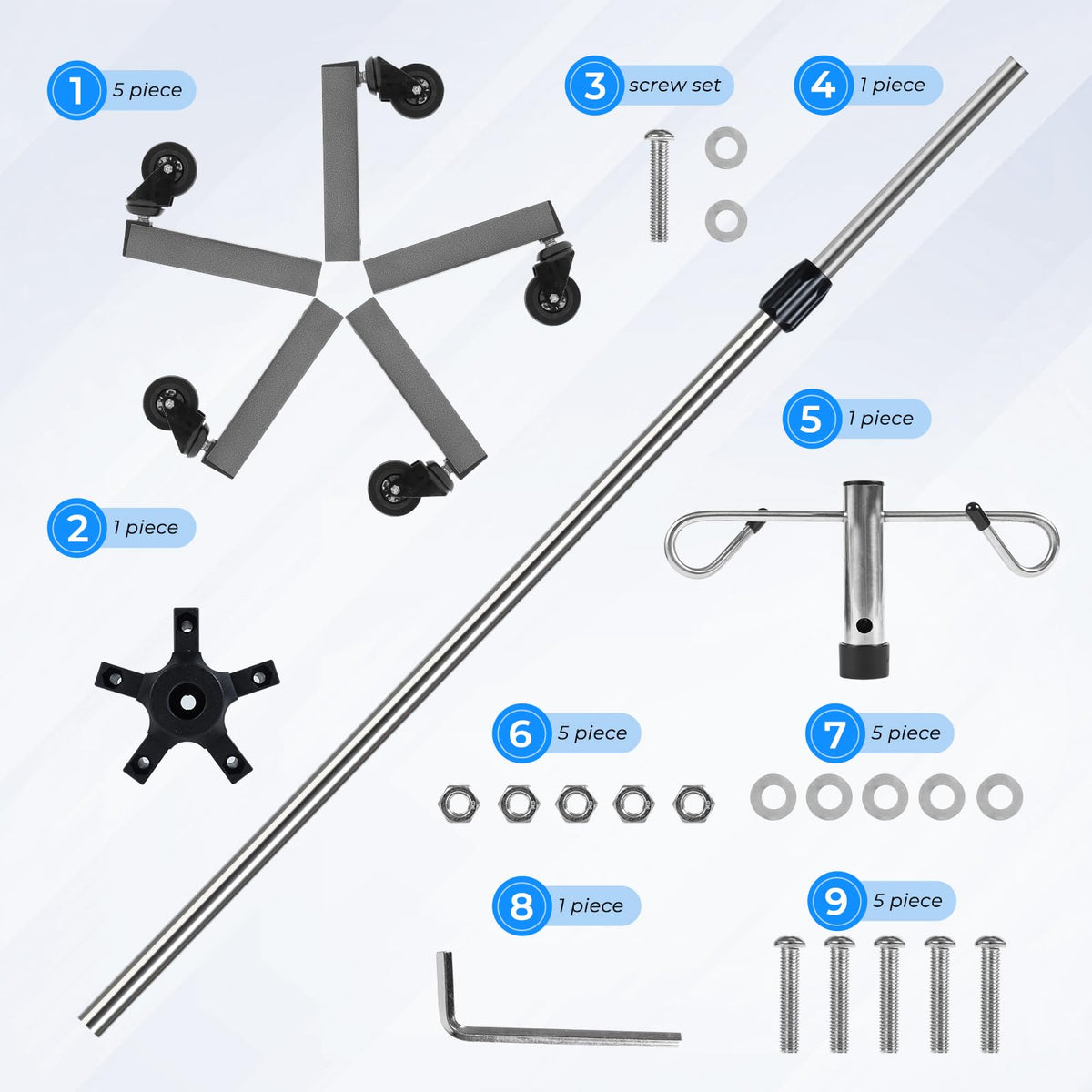 IV Poles with Wheels IV Stands 2 Hooks 5 Legs Rolling Base with Heavy Duty Stainless Steel, Adjustable Height,2PCS/2Pack