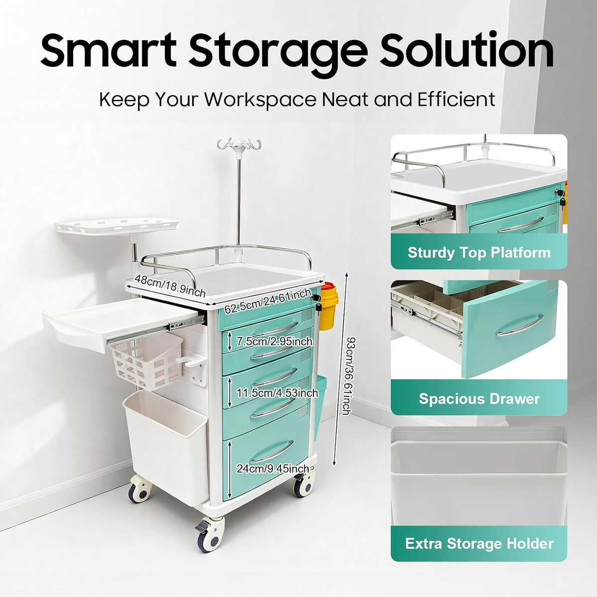 Medical Rolling Crash Cart with Wheels-CPR Board, IV Pole, O2 Holder, Trash Bin, Silent Casters, 5 Drawers with Dividers, Emergency Cart for Clinic, Hospital, Nursing Center (Green)