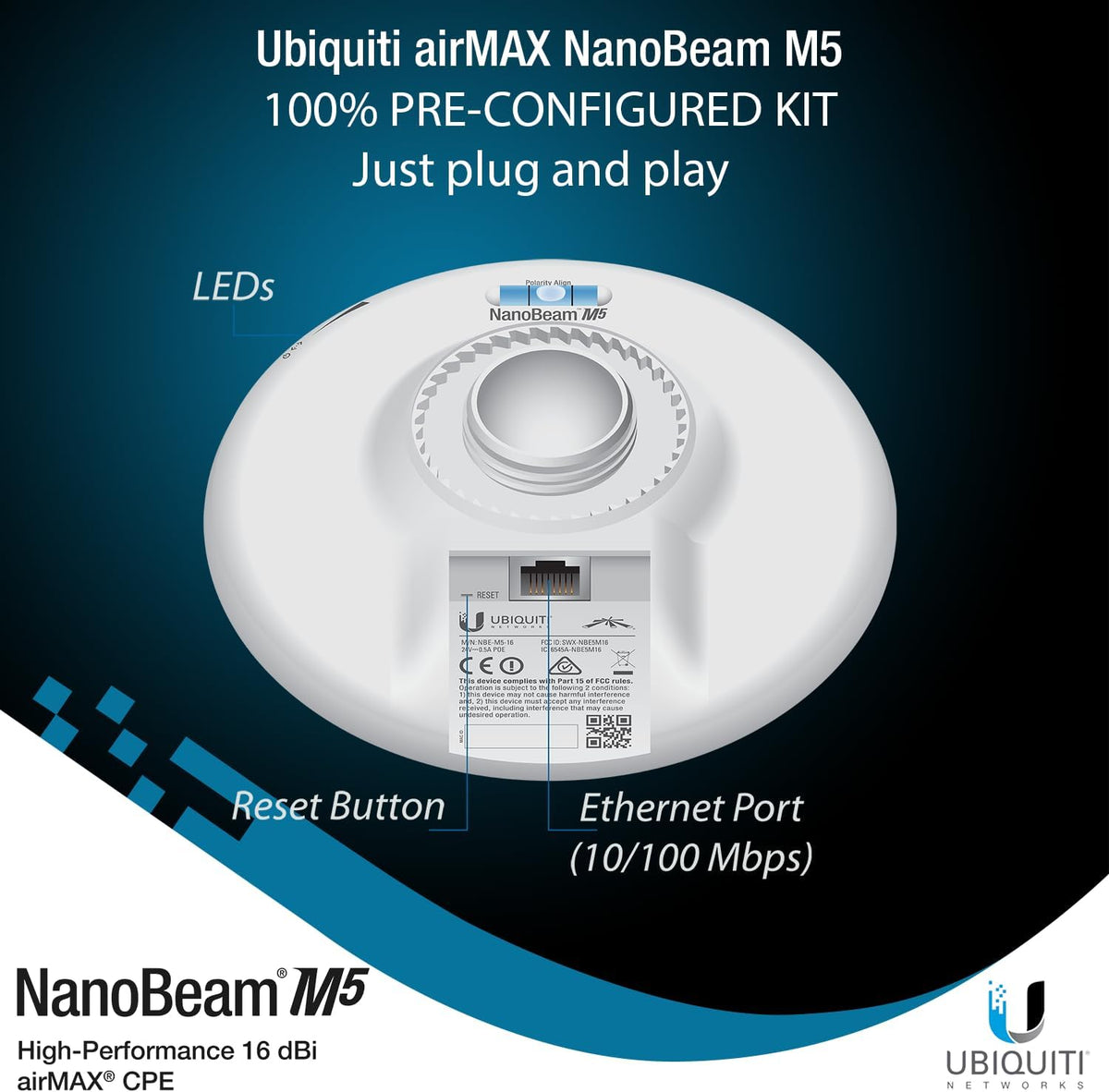 Wireless Bridge Ubiquiti NBE-M5-16 PRE-CONFIGURED, Bundle of 2 Ubiquiti NanoBeam M5, Point to Point Outdoor WiFi Bridge, Plugh and Play, 5GHz, 150+Mbps, 15+km Link Range, Network Bridge