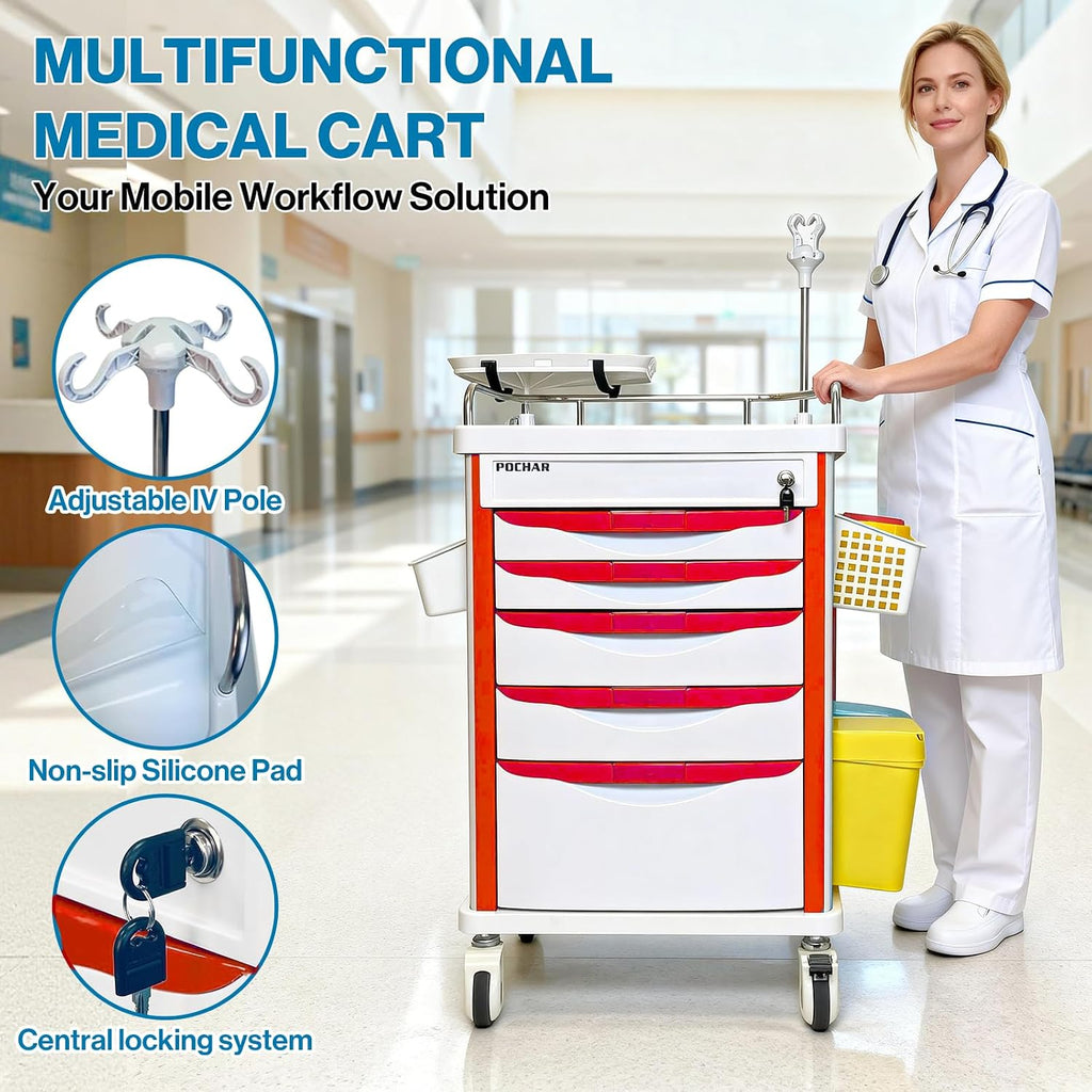 Pochar Medical Crash Cart with Emergency Accessory - Cardiac Board, IV Pole, O2 Holder, Power Strip, Trash Bin, Drawers with Dividers - Mobile Emergency Cart for Hospitals and Clinics
