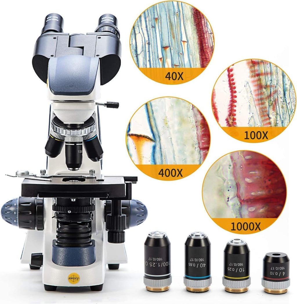 SWIFT SW380B 40X-2500X Magnification, Siedentopf Head, Research-Grade Binocular Compound Lab Microscope with Wide-Field 10X and 25X Eyepieces, Mechanical Stage, Ultra-Precise Focusing