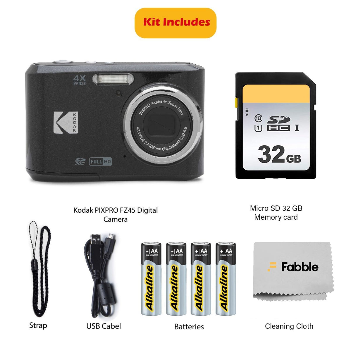 KODAK PIXPRO FZ45 16MP Digital Camera with 4X Optical Zoom 27mm Wide Angle and 2.7" LCD Screen Bundle with 32GB SD Memory Card, AA Batteries (4 Pack), Lens Cleaning Cloth (Red)