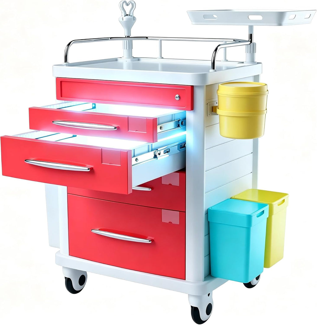 FDA Approved 4-Tier Medical Crash Cart with Auto-Sensing LED Lights