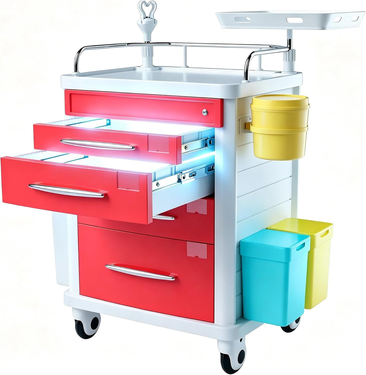 FDA Approved 4-Tier Medical Crash Cart with Auto-Sensing LED Lights