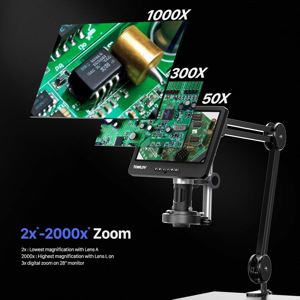 TOMLOV DM602 Flex 3 Lens HDMI Digital Soldering Microscope, Flexible Arm