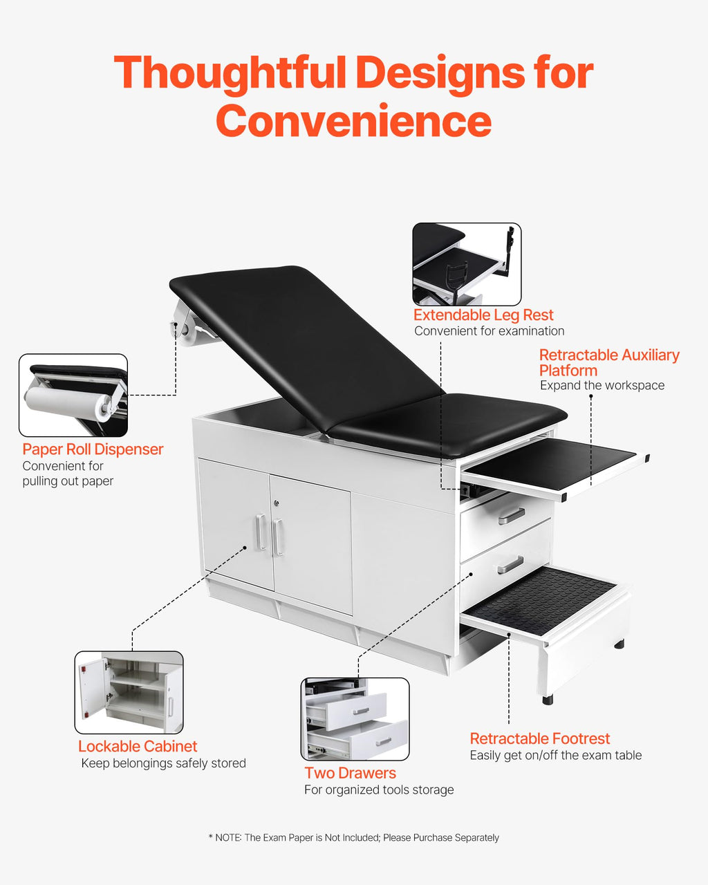 VEVOR Medical Exam Table, 500LBS Loading Medical Examination Bed with 0Â°â40Â° Adjustable Backrest, Physical Therapy Exam Table with Storage Shelf & Paper Roll Dispenser for Hospital Clinic Rehab Center