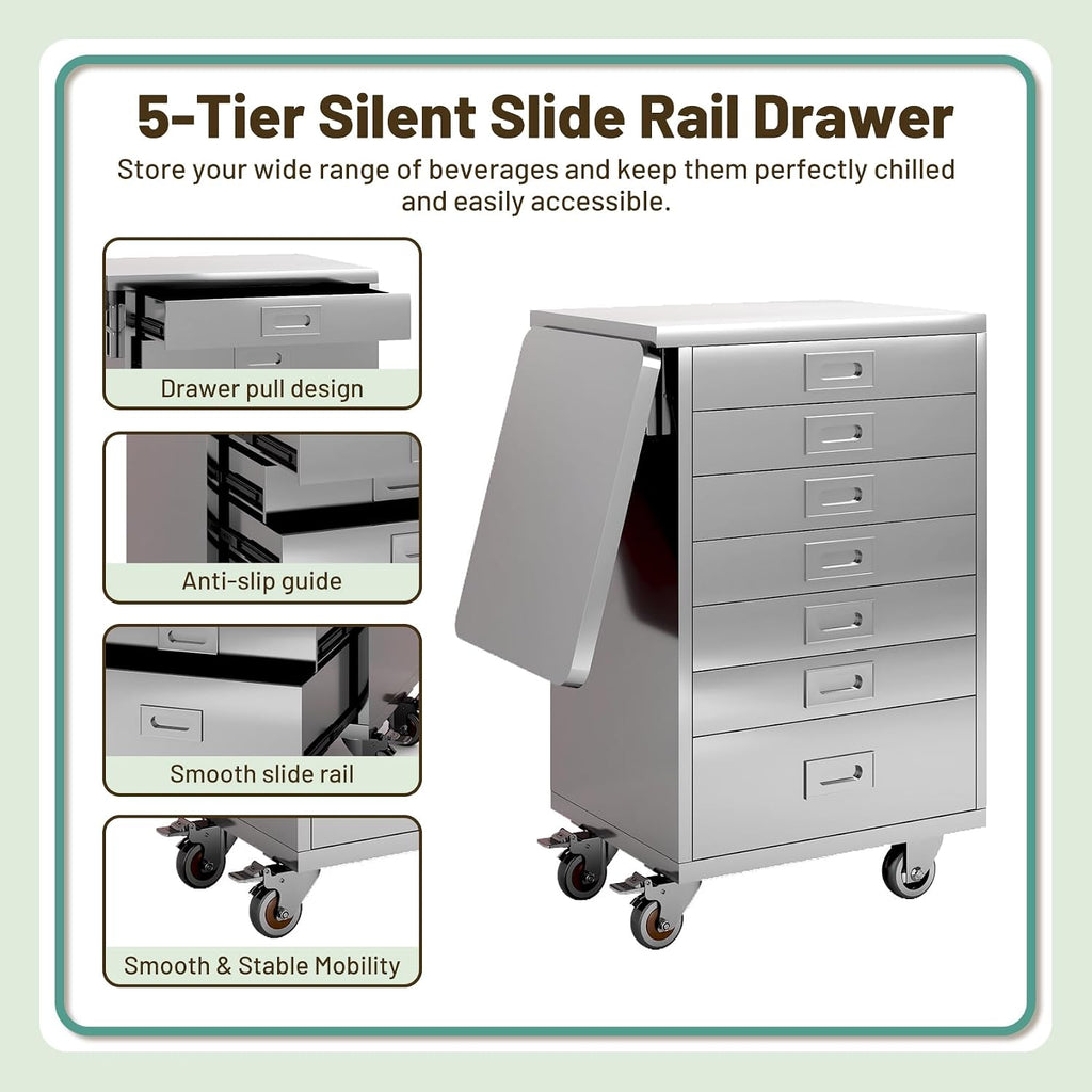 Stainless Steel Medical Dental Cabinet Cart with 7 Drawers, Mobile Storage