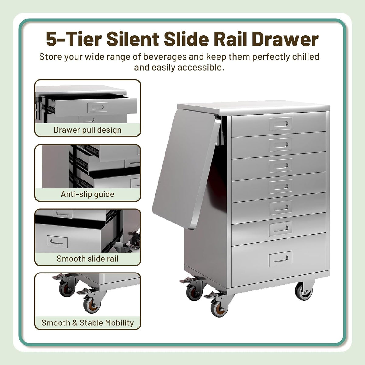 Stainless Steel Medical Dental Cabinet Cart with 7 Drawers, Mobile Storage