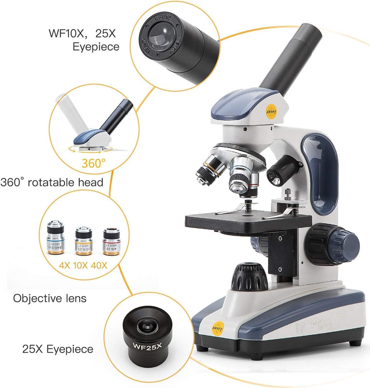 SWIFT Compound Monocular Microscope SW200DL with 40X-1000X Magnification, Dual Light, Precision Fine Focus, Wide-Field 25X Eyepiece and Cordless Capability for Student Beginner