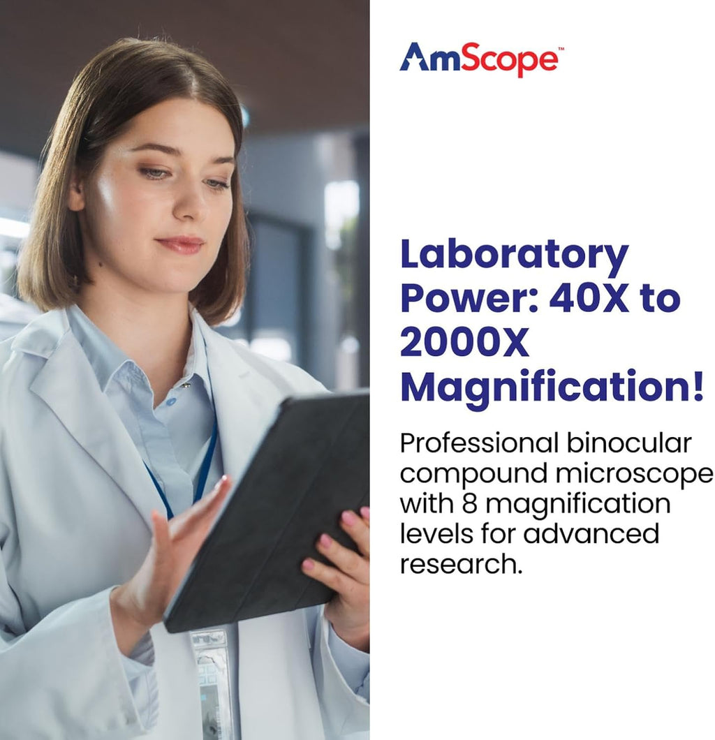Awarded Best Compound Microscope 2016 - OMAX 40X-2000X Lab LED Binocular Microscope with Double Layer Mechanical Stage w Blank Slides Covers and Lens Cleaning Paper