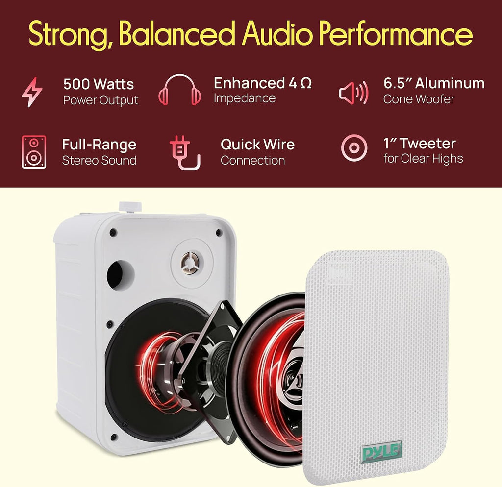 Dual Waterproof Outdoor Speaker System - 6.5 Inch Pair of Weatherproof Wall/Ceiling Mounted Speakers w/Heavy Duty Grill, Universal Mount - for Use in the Pool, Patio, Indoor - Pyle PDWR50W (White)
