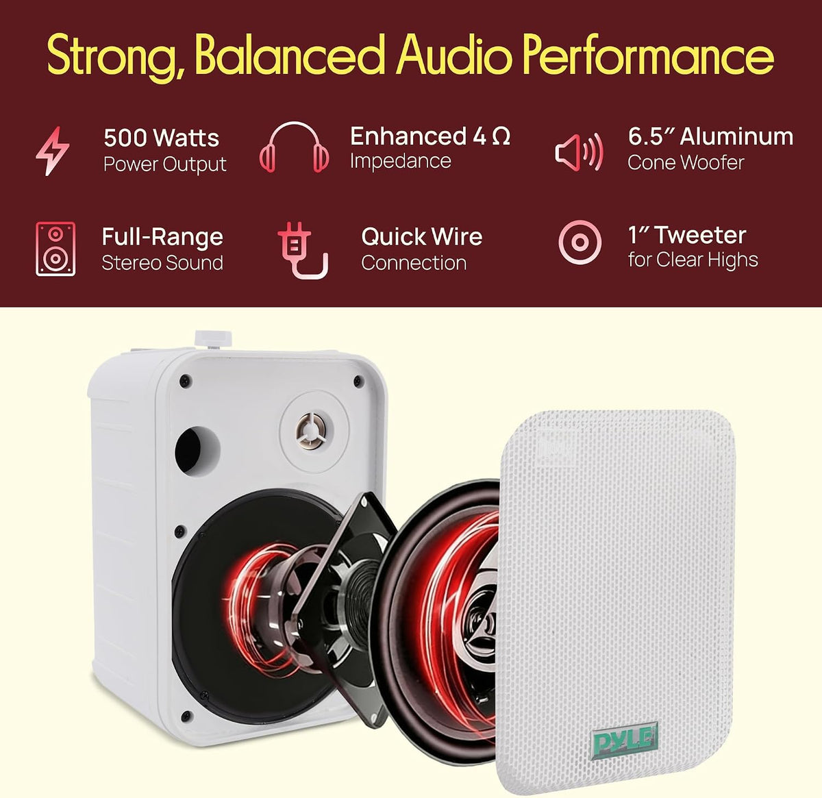 Dual Waterproof Outdoor Speaker System - 6.5 Inch Pair of Weatherproof Wall/Ceiling Mounted Speakers w/Heavy Duty Grill, Universal Mount - for Use in the Pool, Patio, Indoor - Pyle PDWR50W (White)