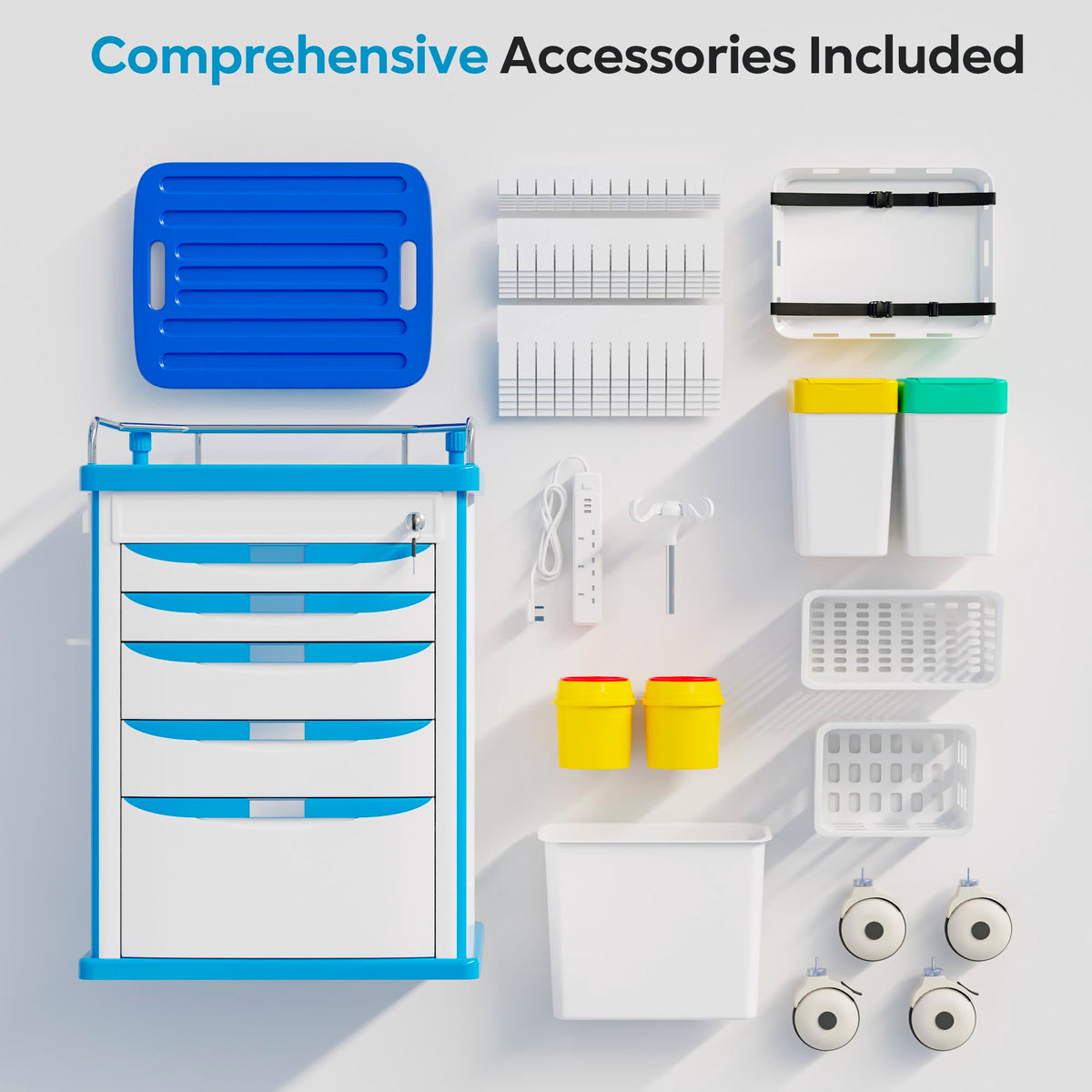 Medical Rolling Storage Crash Cart with Wheels, 5-Tier Medical Cart with Drawers, Adjustable IV Pole, Trash Bin & O2 Holder, Needle Disposal Holder, Silent Casters, Ideal for Hospitals (Grey)