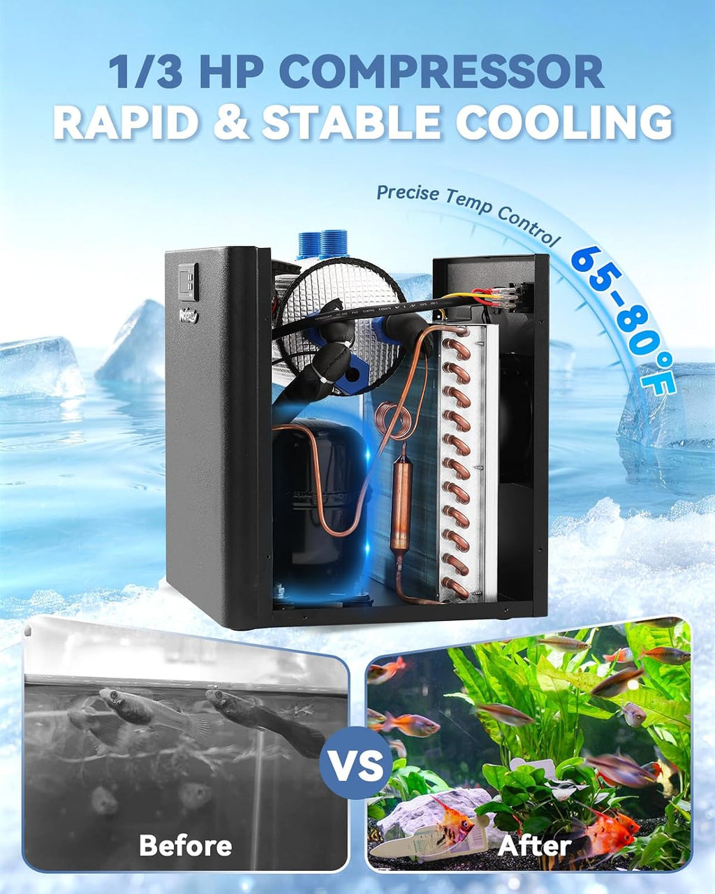 Poafamx 1/3 HP Aquarium Chiller, Quiet Fish Tank Water Chiller 40-80 Gal