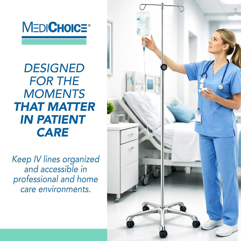 Medichoice IV Pole Rolling Stand â Adjustable 52â90 Inch Stainless Steel IV Stand with Wheels, 4 Hook IV Drip Holder, 5-Leg Base, 45 lb Capacity, Portable Medical IV Stand