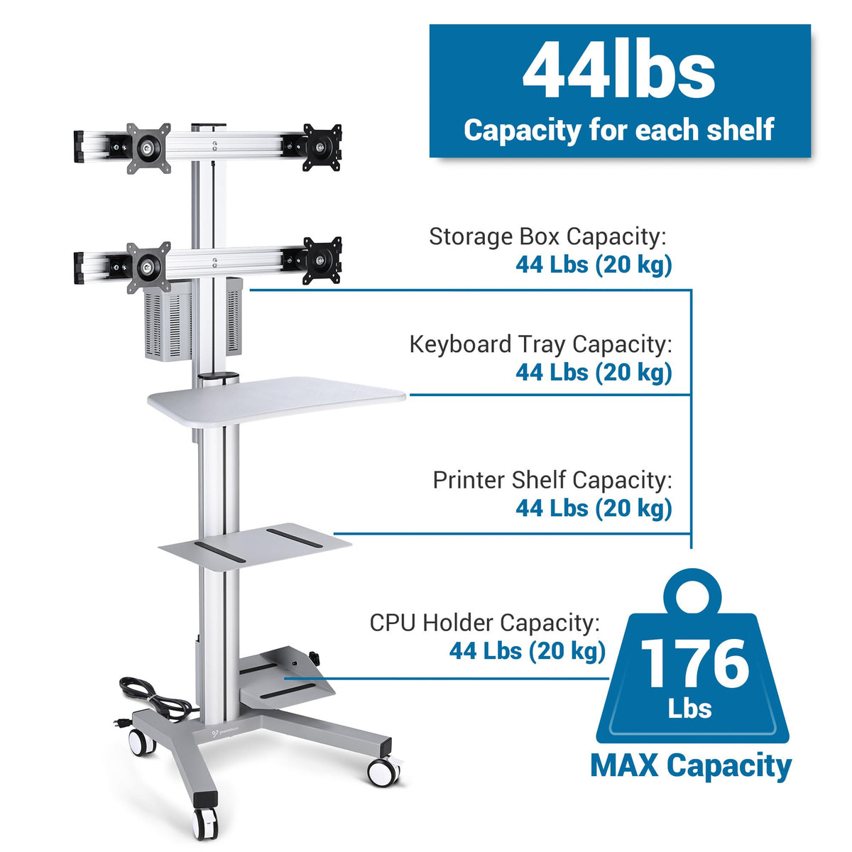 AW NexusX Commander Mobile Computer Cart Medical Rolling PC Stand Desk
