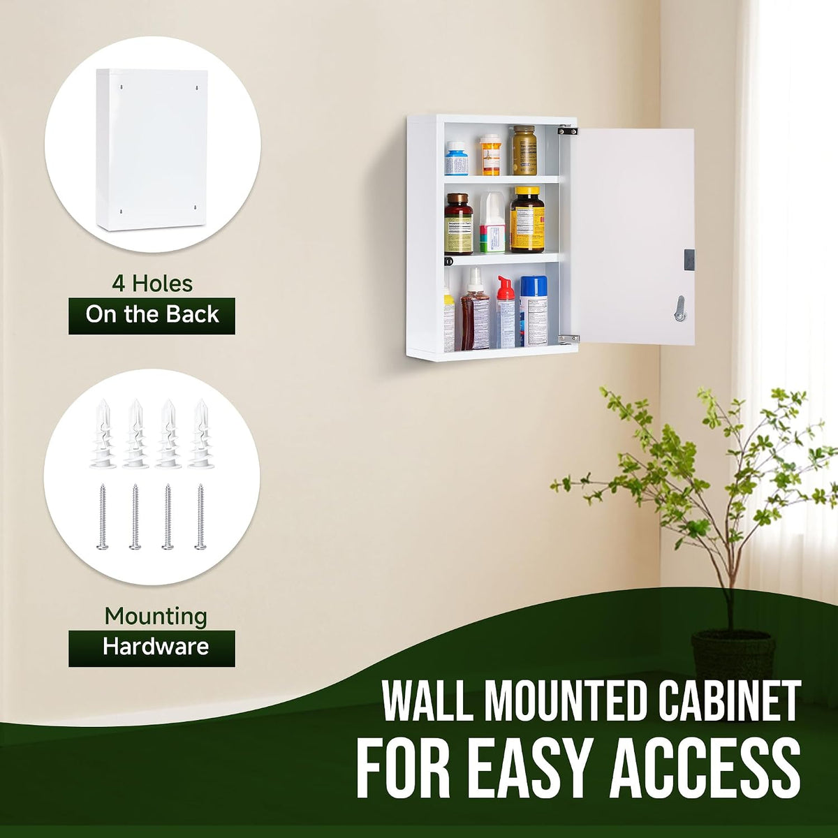 Metal Medicine Cabinet with Lock, Frosted Door, 3-Shelf, Wall Mount