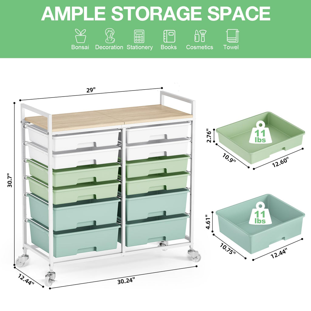 TOOLF 12 Drawers Rolling Storage Cart with Wooden Top for Classroom,White