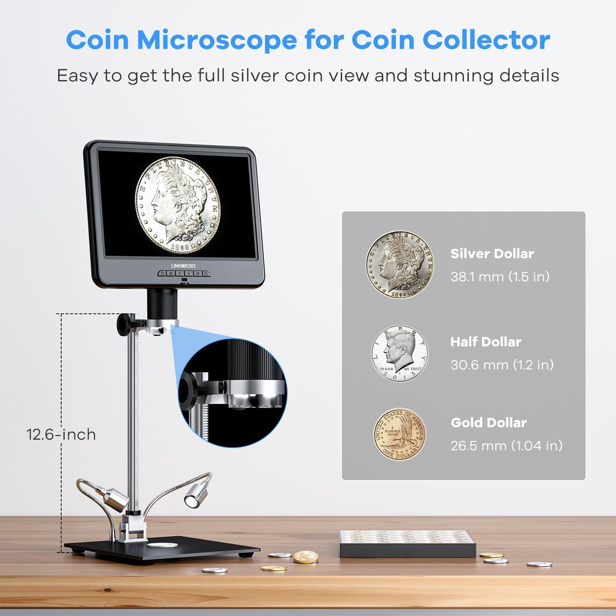 LM109A 10.1" Digital Microscope, Flexible Arm Stand with C-Clamp