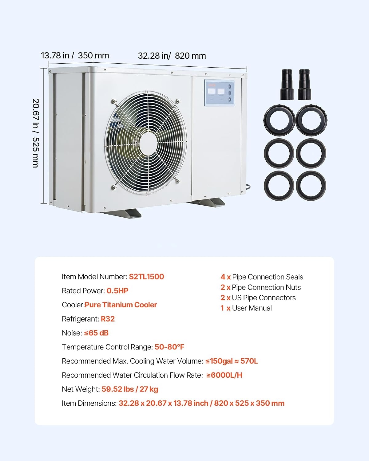 VEVOR Aquarium Chiller 150Gal 1/2HP Quiet Cooler with Titanium Evaporator
