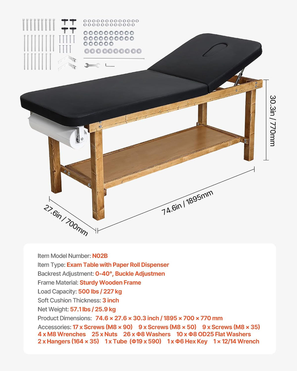 VEVOR Medical Exam Table, Wooden Framed Medical Examination Bed, Physical Therapy Exam Table with Adjustable Backrest, Storage Shelf & Paper Roll Dispenser for Hospitals Clinics Rehab Centers, 500LBS