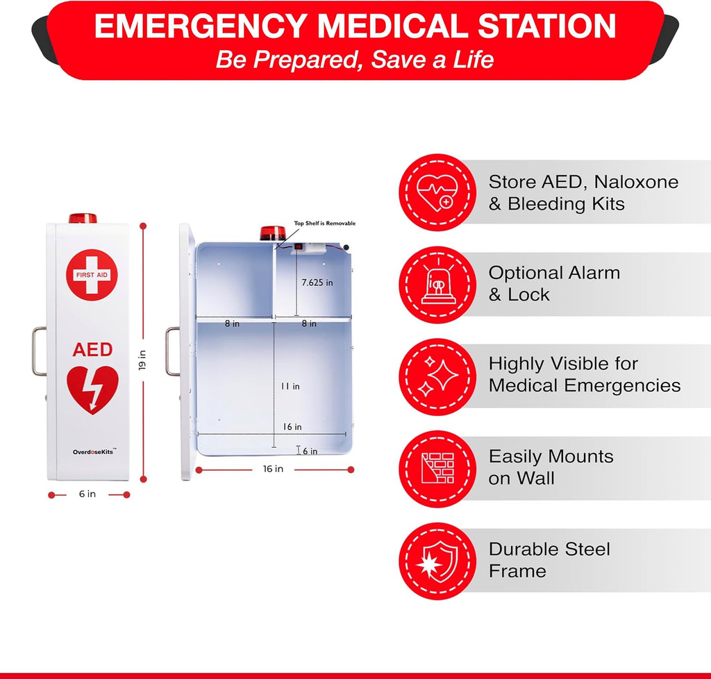 Emergency Medical Station â Wall Mount Cabinet for AEDs, Naloxone, Bleeding Control & First Aid Kits â Public Space Storage Solution â White (AED & Accessories Not Included)