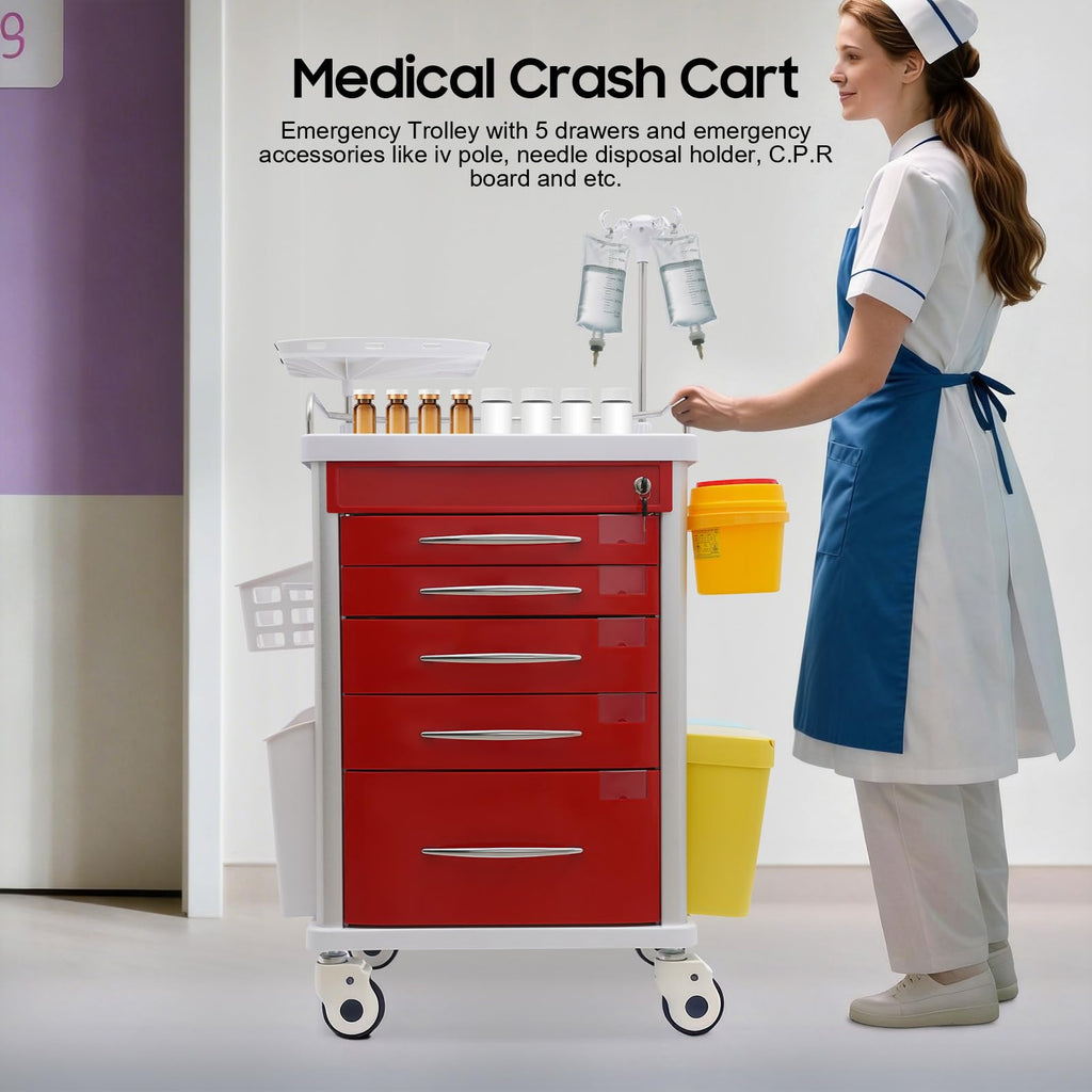 Medical Rolling Storage Crash Cart with Wheels & 5 Drawers, Hospital Mobile Ultrasound Med Cart with Power Strip, Needle Disposal,O2 Holder,Nursing Emergency Cart for Hospital, Clinic (Blue)