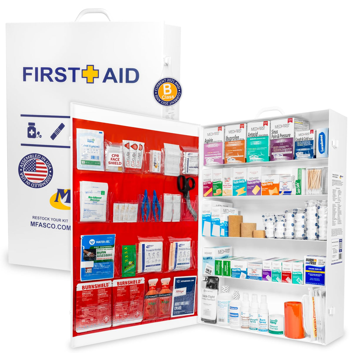MFASCO OSHA/ANSI 2021 Class B Compliant First Aid Cabinet, Large, 3-Shelf
