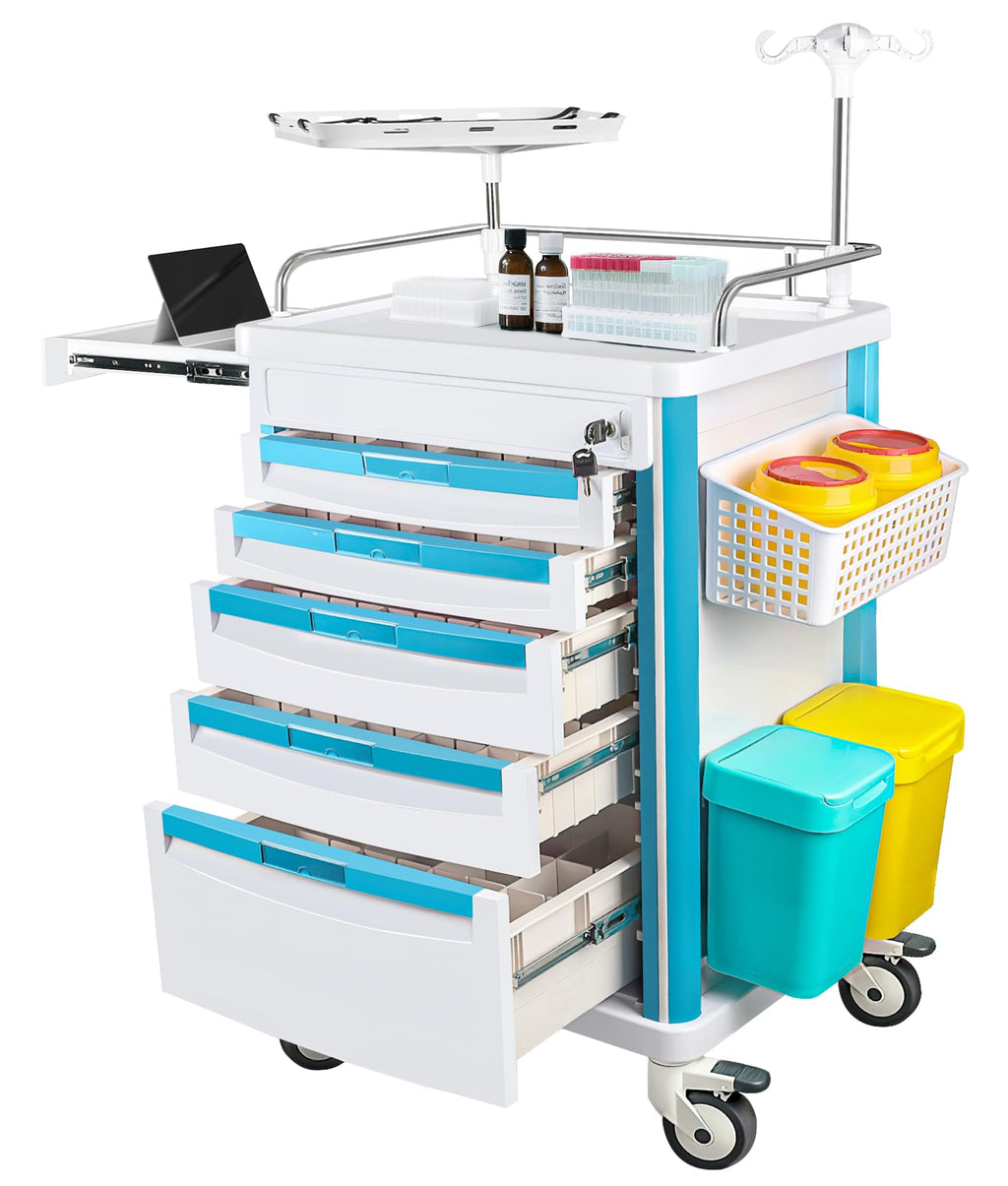 Medication Cart, Medical Rolling Storage Crash Cart with Wheels & Drawers, Ultrasound Nursing Emergency Cart with IV Pole,Casters, Holder, Trash Bin for Clinic, Hospital (24 * 22 * 28IN, 1 Drawer)
