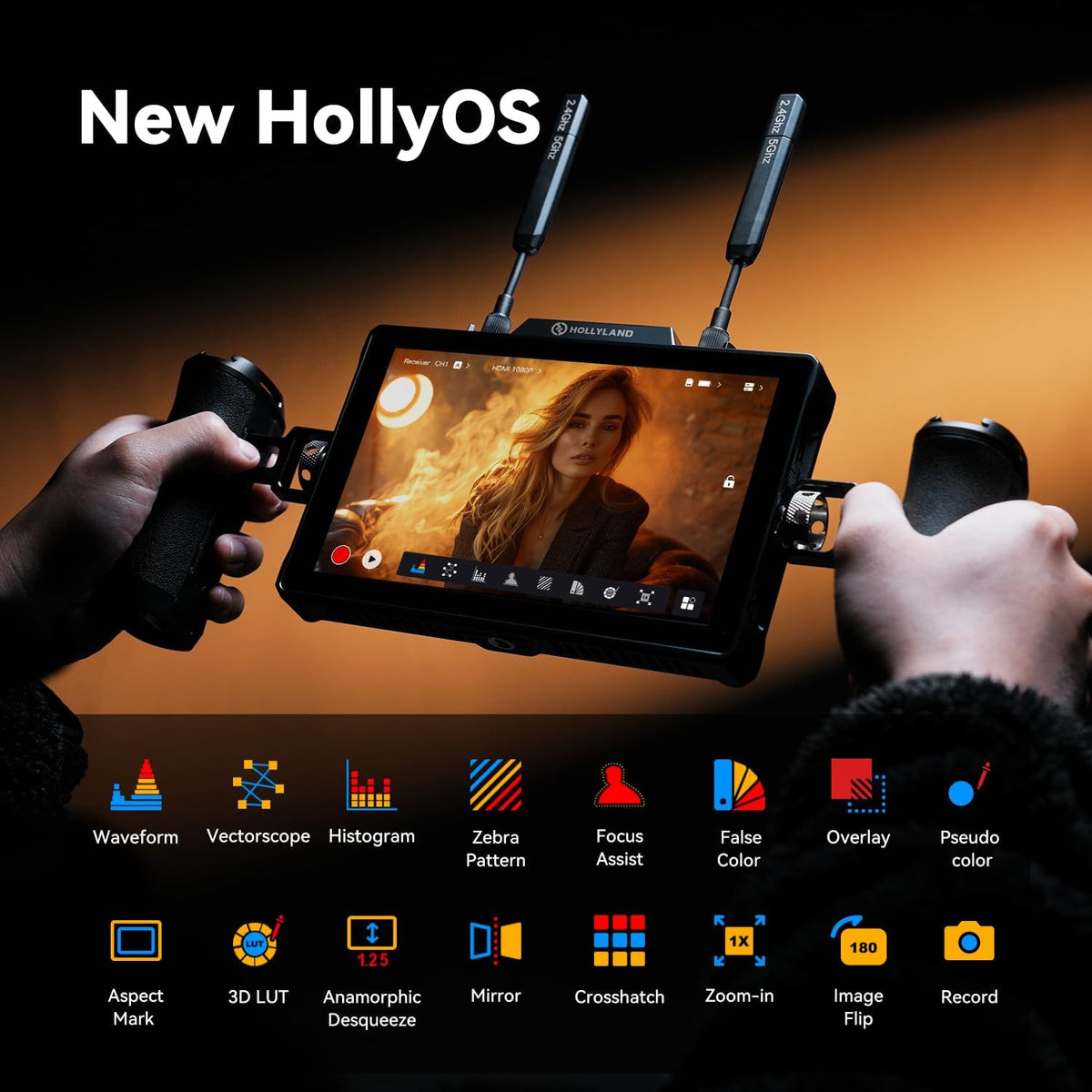 Hollyland Pyro 7 Wireless Video Transmitter & Receiver & 7 inch Camera Field Monitor HDMI & SDI 1300ft Range, 60ms Latency Auto Dual-Band Hopping with Waveform, LUTs, Recording, Vector Scope,Solo kit